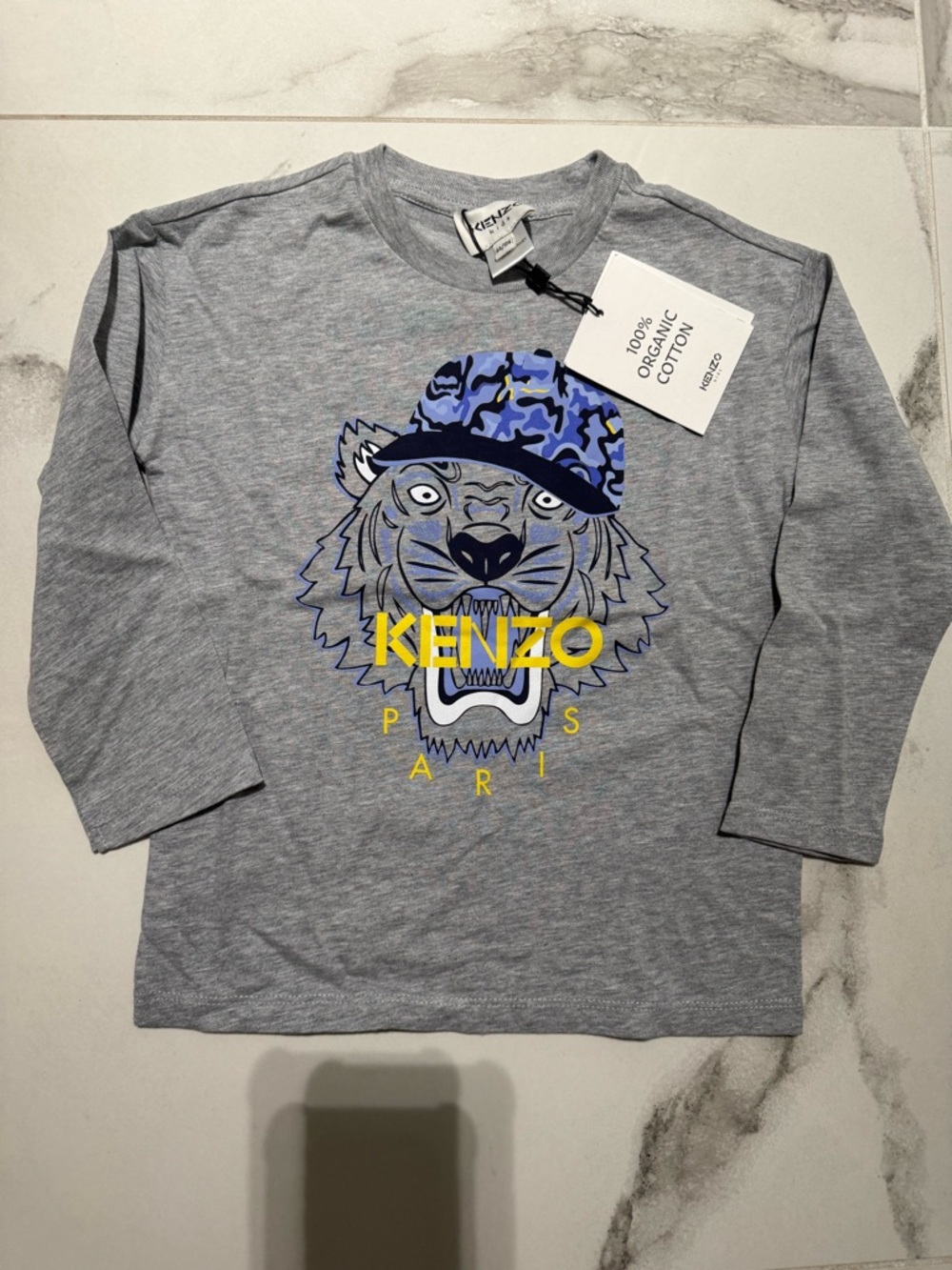Kenzo Grey Long Sleeve Kids Tee with Blue Camo Hat Tiger Graphic